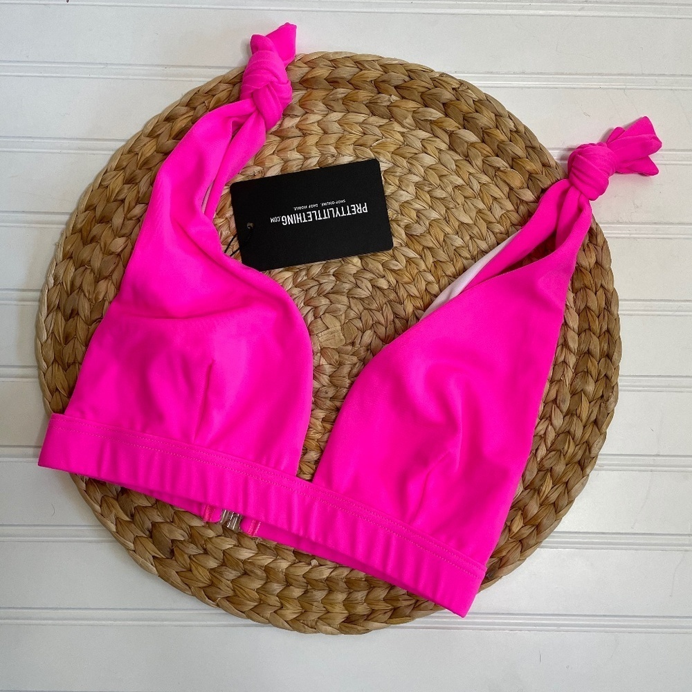 Prettylittlething Pink Tie Shoulder Plunge bright  Bikini - Picture 2 of 4